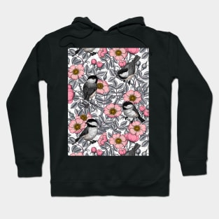 Chickadees in the wild rose, pink and gray Hoodie